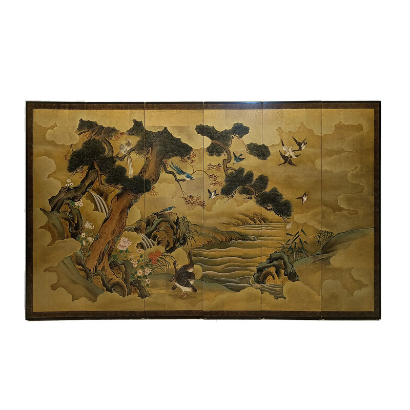 定制手绘金箔中古漆画屏风隔断