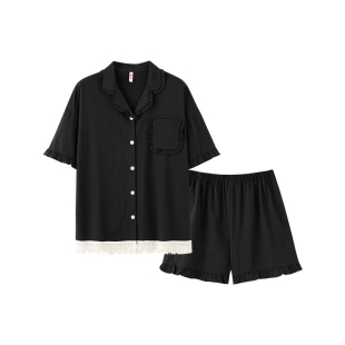 芬腾短袖短裤睡衣女新款开衫纯棉夏季宽松休闲大码女款家居服套装
