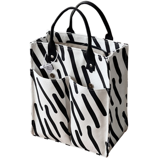 原创设计日系加厚有型格纹帆布手拎包文艺大容量学生便当餐盒包包