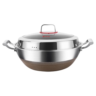 316不锈钢炒锅不粘锅家用平底特大号双耳锅加深炒菜锅燃气炖肉锅