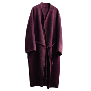 知笔墨紫色大衣女双面羊绒轻奢感 无领系带新中式风羊毛毛呢外套