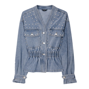 白鹿语V领钉珠收腰牛仔外套2025春款时髦单排扣不规则短款上衣女