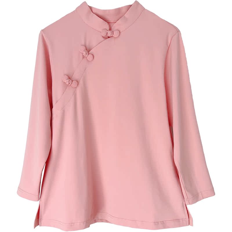 纯棉T恤春季新中式七分袖打底衫立领盘扣女茶服汉服上衣禅衣唐装