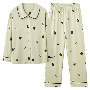 可人儿针织棉睡衣女新款春秋季长袖开衫大码少女可外穿家居服套装