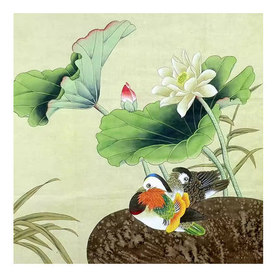 工笔画纯手绘装饰画花鸟鸳鸯戏水