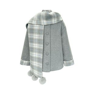 Narratorgirls灰色拼接格纹毛球围巾毛呢大衣羊毛宽松夹棉外套冬