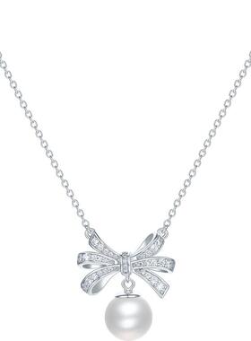 周六福项链女蝴蝶结珍珠链坠S925银小众送女友节日礼物