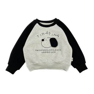 男童秋冬装加绒卫衣儿童2024新款一体绒撞色插肩薄绒卡通上衣保暖