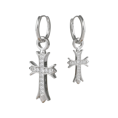 个性大小不对称满钻十字架耳环