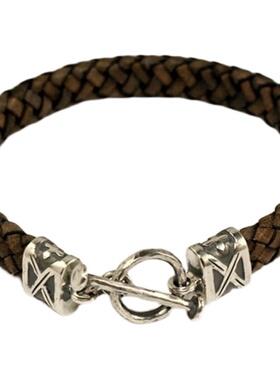 棕色皮革编织真皮氧化纯银手链