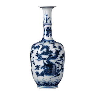 钟家窑柴窑青花陶瓷摆件景德镇手绘细工双龙长颈瓶桌面小花器花瓶