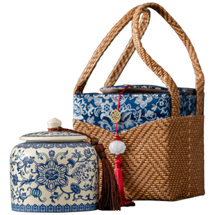 青花陶瓷茶叶罐包装盒空礼盒高档空盒藤编礼袋中式国风绿茶普洱茶