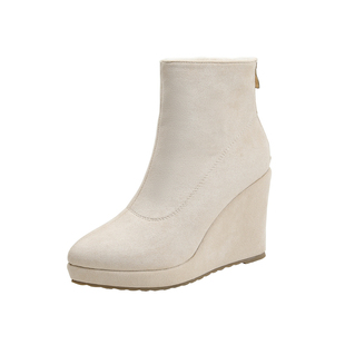 时尚坡跟中筒靴女新款秋冬厚底靴子女后拉链加绒高跟短靴马丁靴女