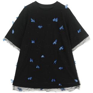 KEIKO 仙灵蝴蝶花薄纱拼接T恤女酷感慵懒宽松显瘦黑色短袖上衣