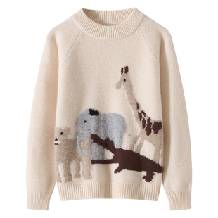 100%羊毛衫 (100-170)秋冬新款加厚提花图案男女童套头纯羊毛衫