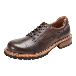 弓长梦复古风大头皮鞋秋冬男式头层牛皮手工实木根厚底英伦德比鞋