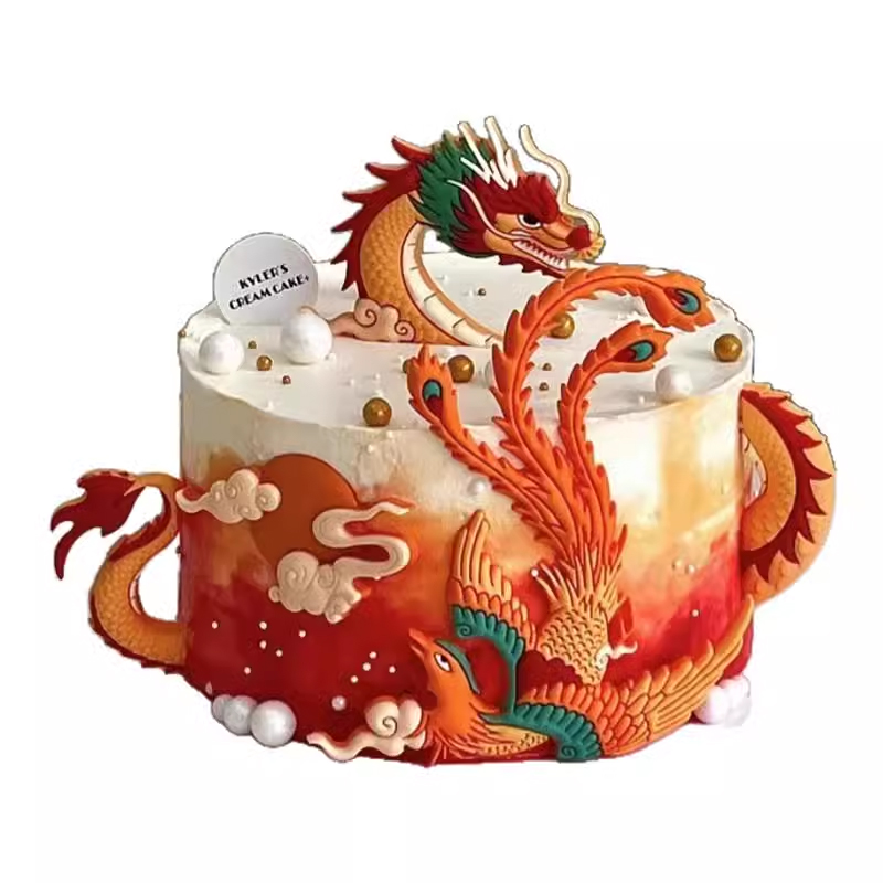 网红国潮飞龙在天凤凰中式祥云吉祥如意插件龙凤呈祥蛋糕装饰摆件