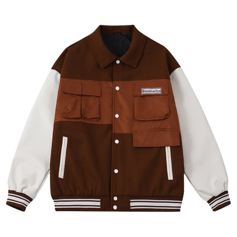 B.VEERA倍福来美式复古风拼接棒球服男女宽松多口袋外套学院风