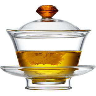 玻璃盖碗三件套泡茶杯三才单个功夫茶具带盖大号手抓壶敬茶碗套装