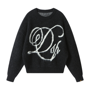 Dangerouspeople薛之谦dsp复古字体圆领针织衫落肩宽松提花毛衣