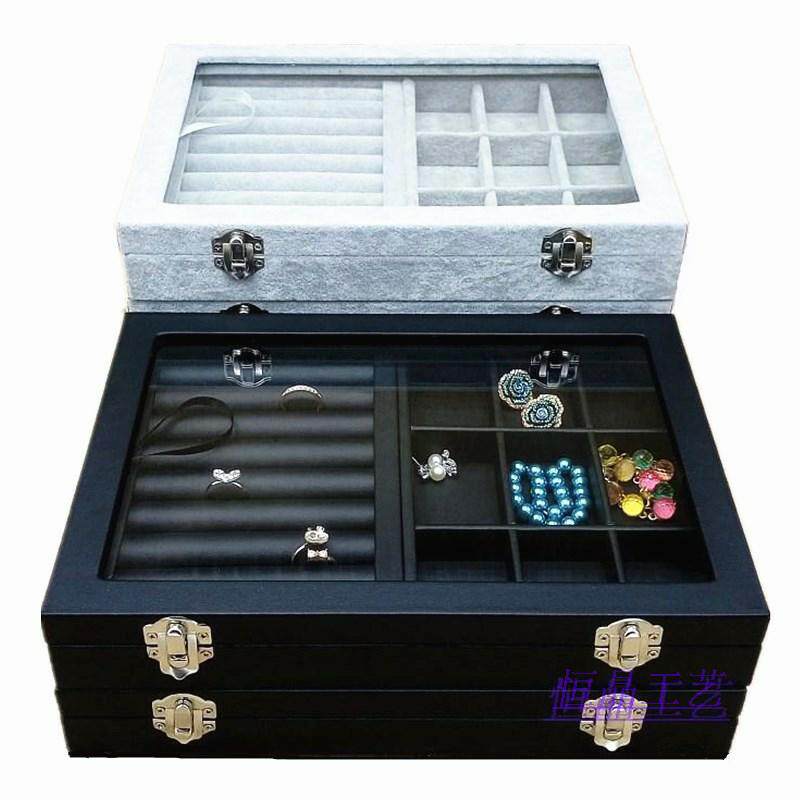 恒晶中号首饰盒项链耳钉吊坠手镯表戒指收纳箱便携黑皮珠宝耳环盒