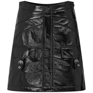 曼德诗高腰短裙2025秋季新款摩登复古亮面PU皮裙子气质百搭半身裙