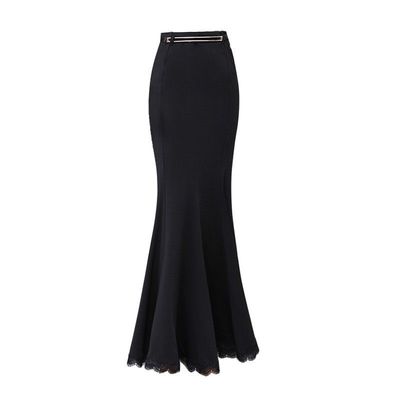 秋冬半身长裙加绒拖地蕾丝边拼接