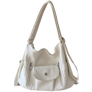 机车辣妹双肩包简约复古软皮大容量多种背法功能可调节单肩托特包