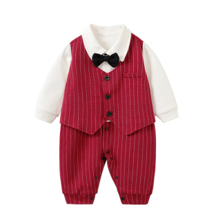 春秋男宝宝礼服纯棉婴儿哈衣周岁满月爬服帅气新生假两件连体衣服