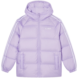 特步童装儿童厚款条纹羽绒服2026秋冬季新款女童保暖外套大童衣服