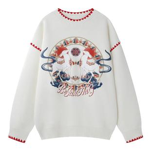 敦煌联名BJHG不计后果灵鹿献瑞毛衣男冬季新款保暖圆领印花上衣女