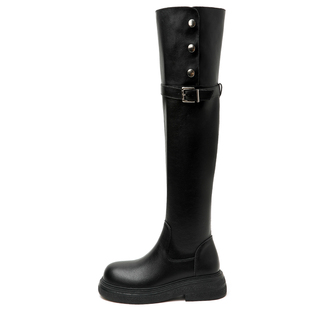 真皮胖mm粗腿过膝长筒靴女厚底两穿加宽大筒围高筒骑士靴大码女靴