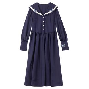 KEIKO 气质法式海军领连衣裙春季学院风垂坠缎感系带收腰显瘦长裙