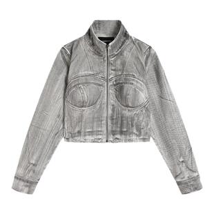 YJ1NGZYZJ 皮标刷色胸衣牛仔拉链外套
