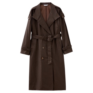 水云间深咖色软皮革工艺长款风衣外套女复古双排扣防风防水纯棉春