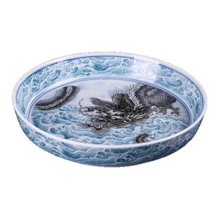 景德镇七承堂陶瓷青花海水墨龙壶承单个干泡台盖碗托盘家用圆茶盘