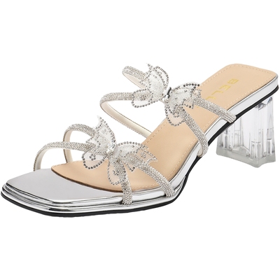 百丽女鞋法式粗高跟一字拖女夏季新款可外穿绝美凉鞋子B2641BT5