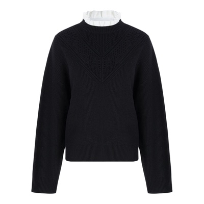 LYNEE【宫廷衫】镂空花V型 白边撞色拼接羊毛毛衣 冬季保暖针织衫