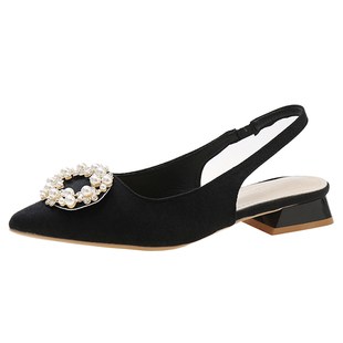 包头凉鞋女2026春季新款时尚珍珠水钻尖头粗跟大码气质后绊带单鞋