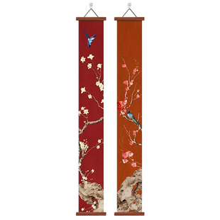 新中式喜上枝头玄关装饰画寓意好花鸟走廊过道壁画细长条国风挂画