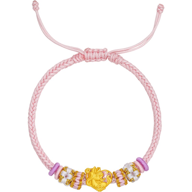 周六福黄金手绳女款编绳爱心马生肖马3D硬金珐琅定价送圣诞礼物