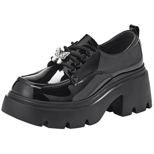 热风厚底乐福鞋女款2026年春季新款英伦风黑色小皮鞋增高蝴蝶女鞋