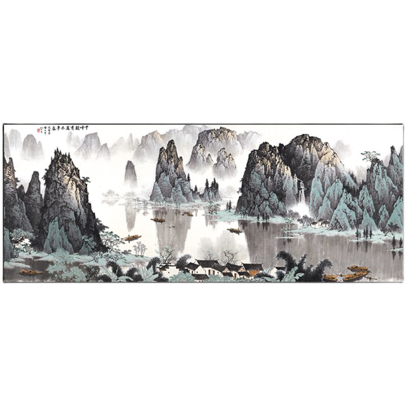 白雪石沙发背景墙新中式风山水画