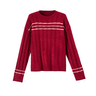 晚白2025年冬新款时尚简约厚款毛衣红色新年气质宽松条纹针织衫女