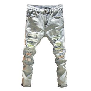 春季破洞牛仔裤男款修身小脚弹力长裤潮牌时尚刮烂补丁烫钻乞丐裤
