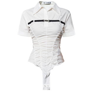 Tu why原创短袖衬衫女小个子夏设计搭扣褶皱连裆衬衣正肩休闲上衣