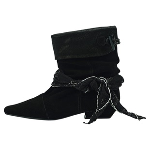 HALFAWAKE25冬季保暖翻折褶皱小方头丝带复古真皮民族风堆堆短靴