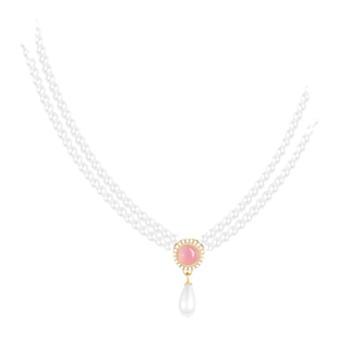 925纯银粉玉髓双层施家珍珠项链女法式轻奢小众锁骨链叠戴颈链