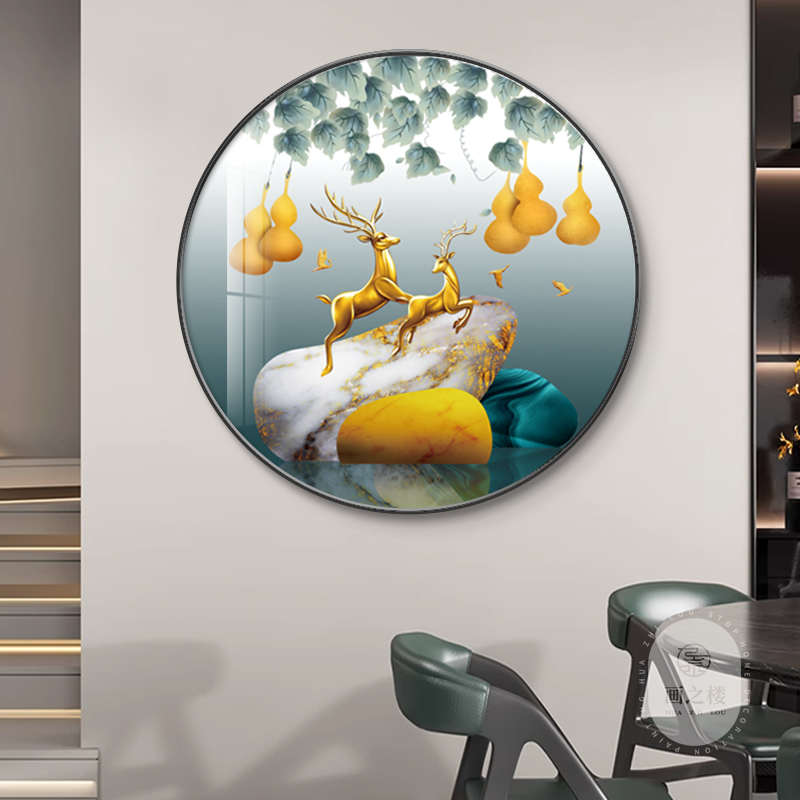 五福临门入户玄关装饰画圆形葫芦招财走廊挂画新中式客厅餐厅壁画