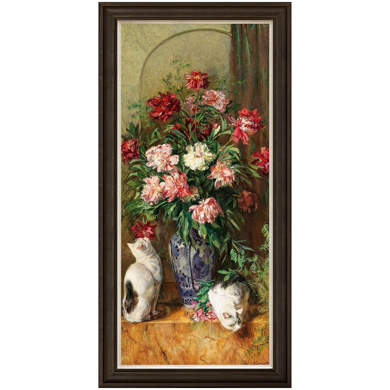风色瓶花与猫欧式动物油画装饰画